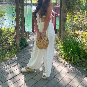 ASOS white linen set of wide legged pants and front tie top